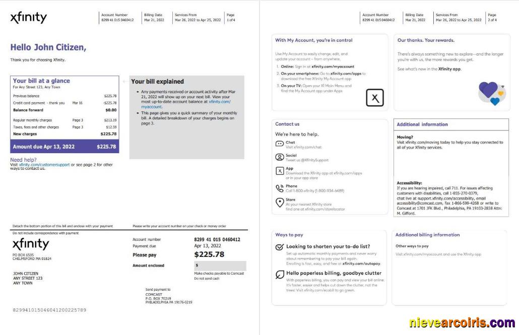 USA Philadelphia Xfinity utility bill, 4 pages 1 2